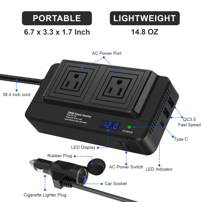 Outdoor Power Adapter Usb C - 200W Auto-omvormer Stroomconverter Auto-aansluitadapter met 2